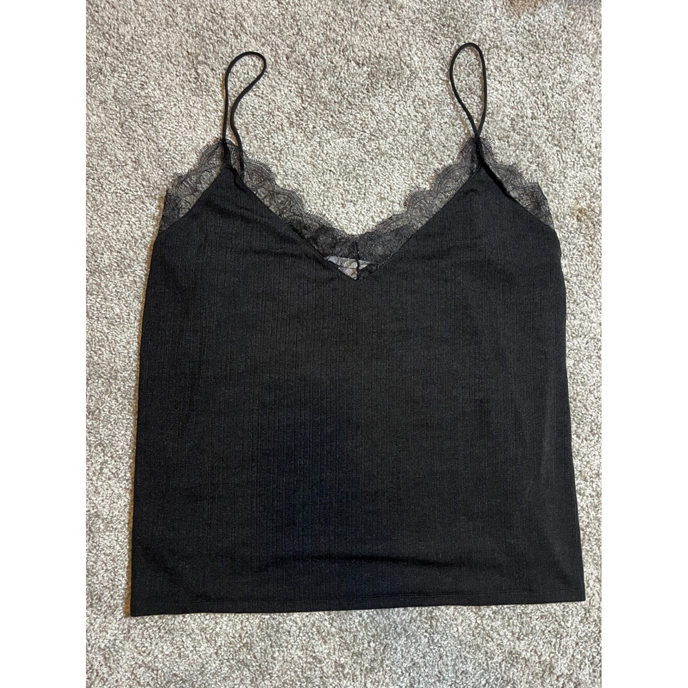 H&M Black Ribbed Lace Trim Camisole Top XL V-Neck Spaghetti Strap 06148306